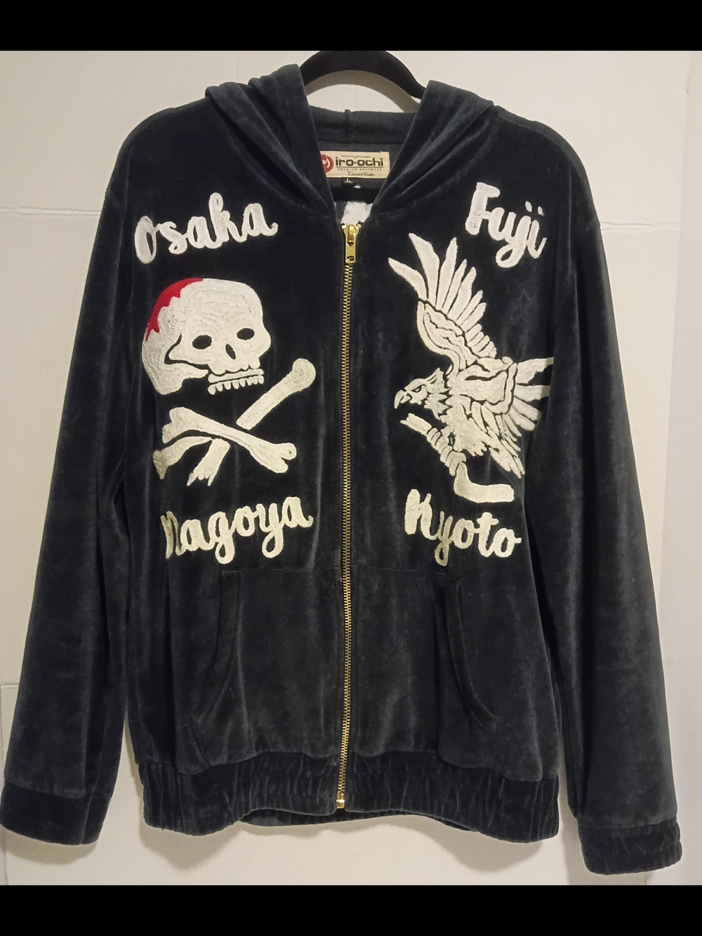 Navy Velvet Zip Hoodie with Osaka & Fuji Skull Embroidered Graphics